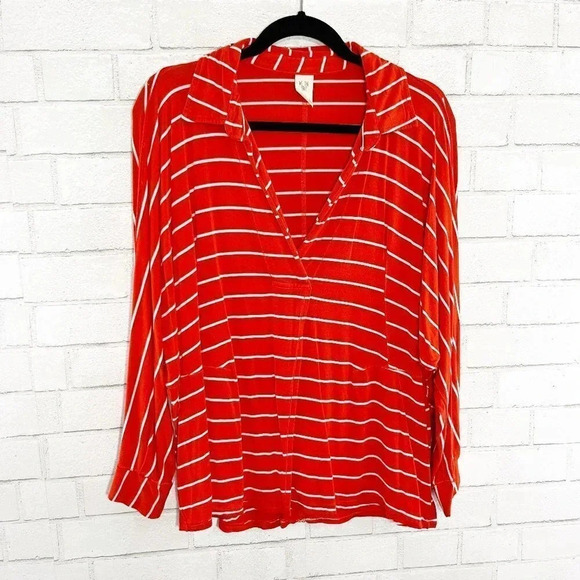 We the Free - Free People Red & White Striped Split Front Shirt Women's Small - Picture 1 of 7